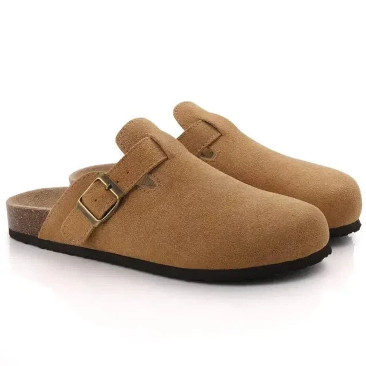 Men's slip-on clog loafers with buckle straps, round toes and flat soles