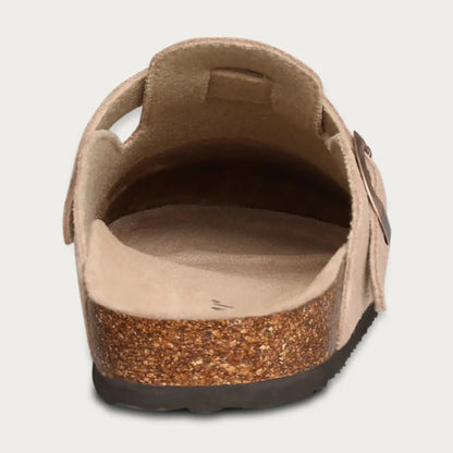 Men's slip-on clog loafers with buckle straps, round toes and flat soles