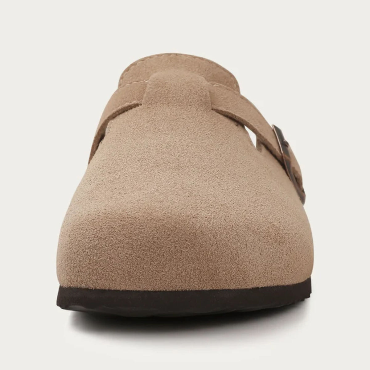 Men's slip-on clog loafers with buckle straps, round toes and flat soles