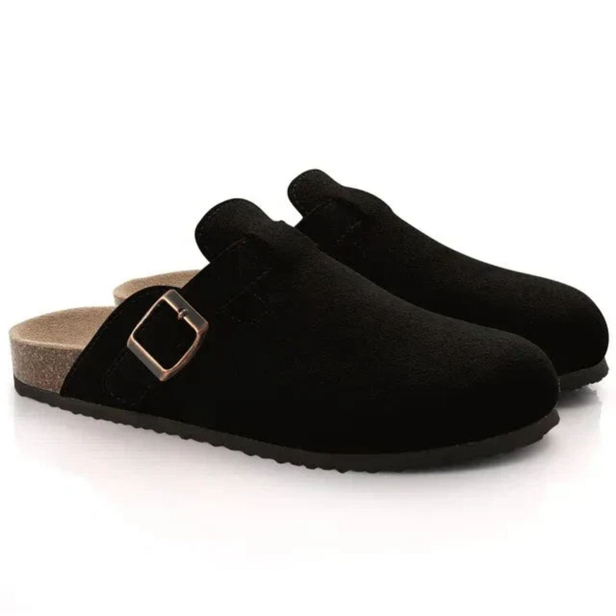 Men's slip-on clog loafers with buckle straps, round toes and flat soles