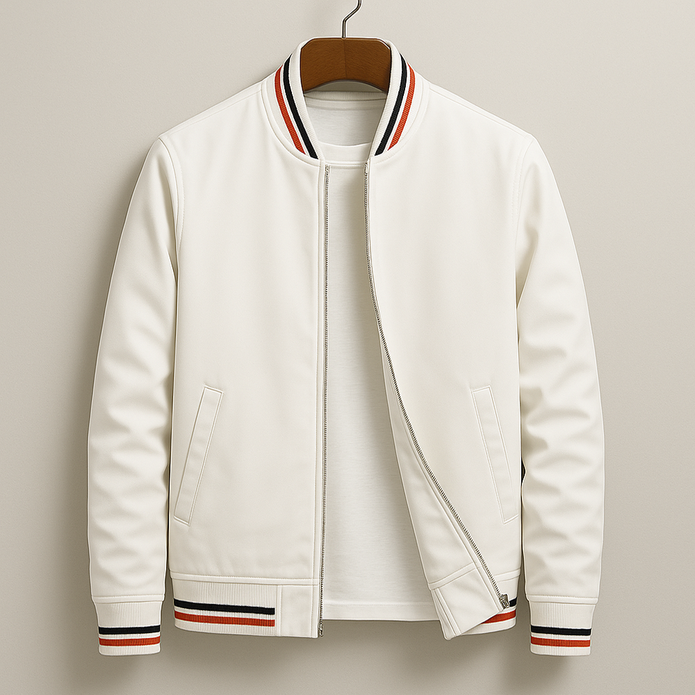 Unisex bomber jacket with contrast striped ribbed trims and front zip