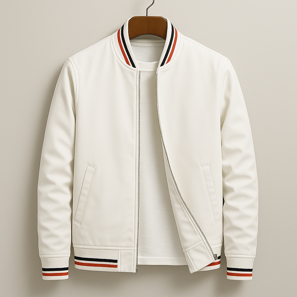 Unisex bomber jacket with contrast striped ribbed trims and front zip
