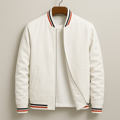 Unisex bomber jacket with contrast striped ribbed trims and front zip
