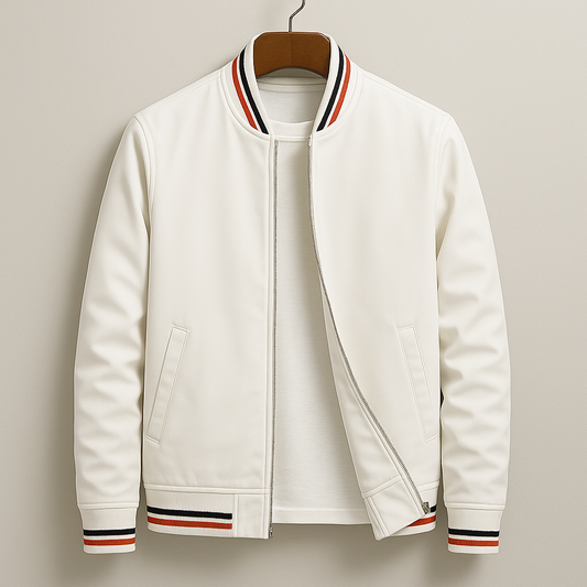 Unisex bomber jacket with contrast striped ribbed trims and front zip