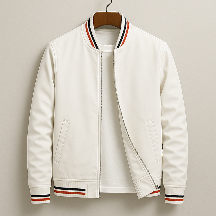 Unisex bomber jacket with contrast striped ribbed trims and front zip