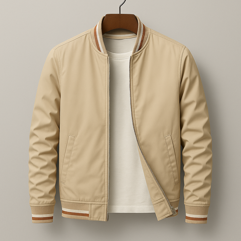 Unisex bomber jacket with contrast striped ribbed trims and front zip
