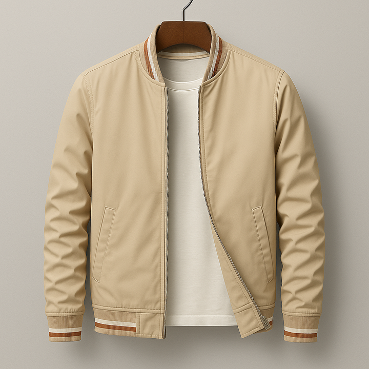 Unisex bomber jacket with contrast striped ribbed trims and front zip
