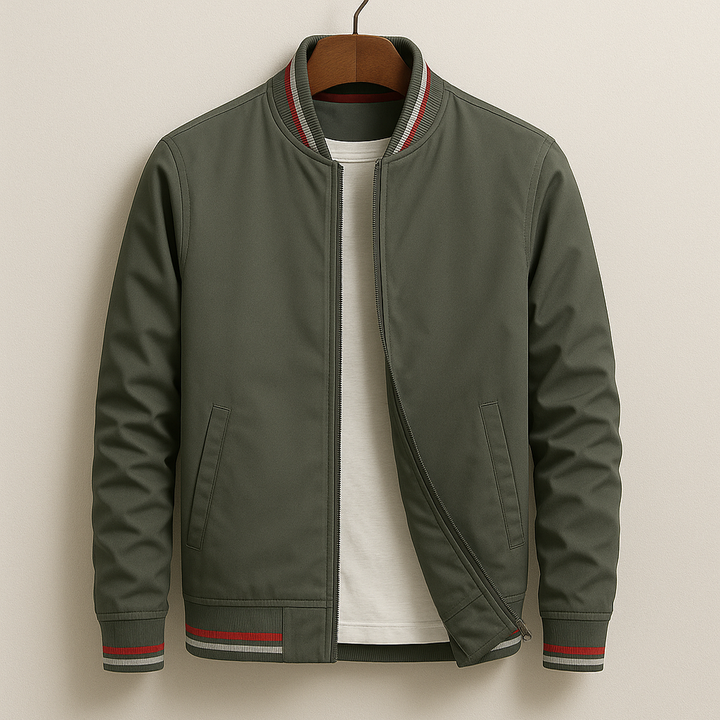 Unisex bomber jacket with contrast striped ribbed trims and front zip