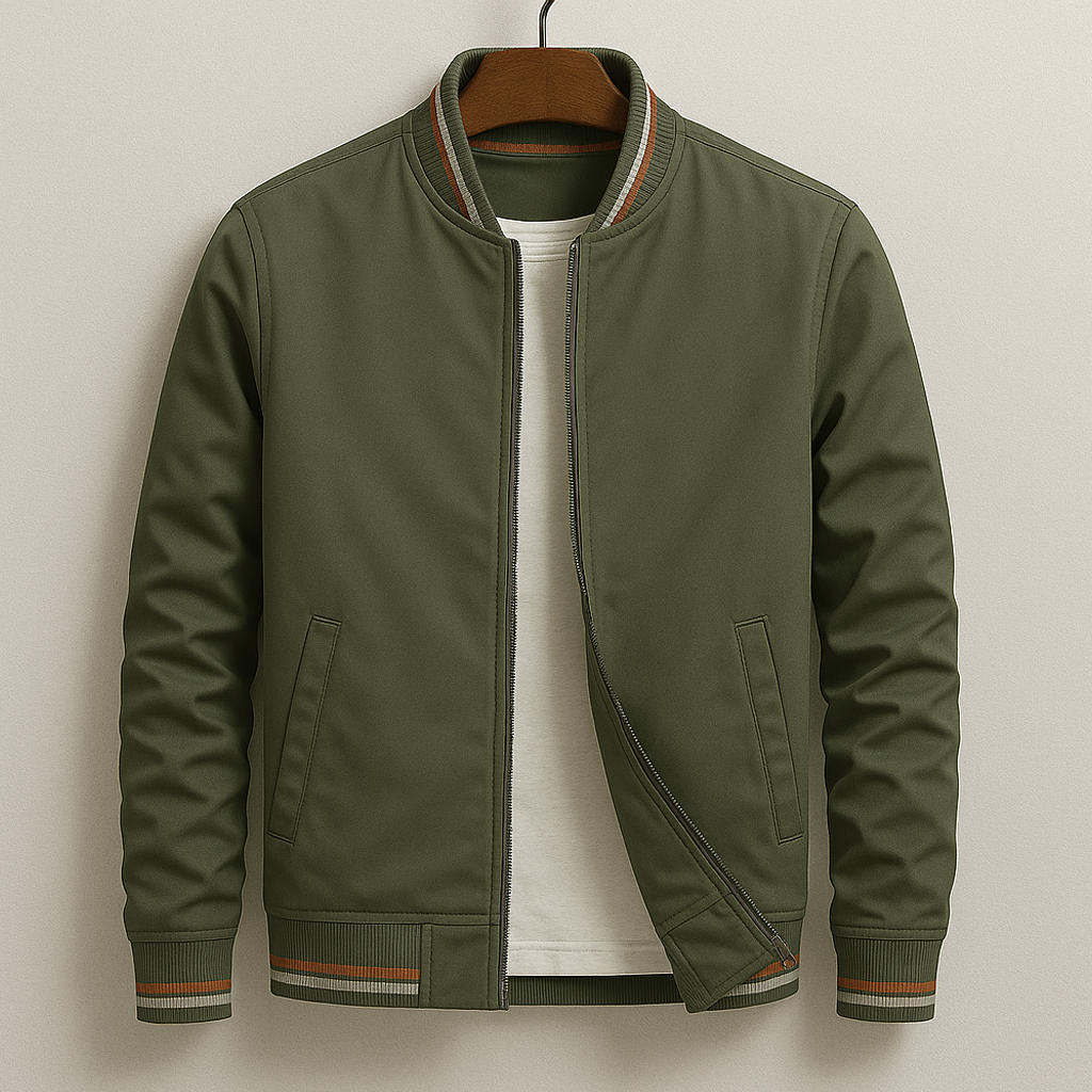 Unisex bomber jacket with contrast striped ribbed trims and front zip