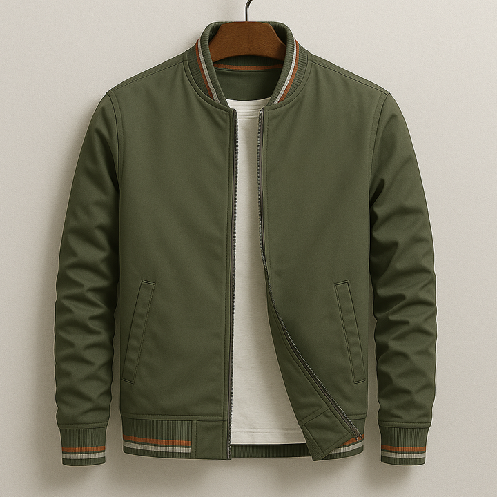 Unisex bomber jacket with contrast striped ribbed trims and front zip