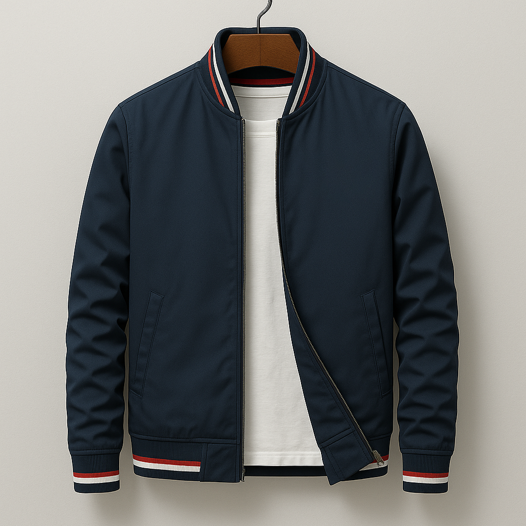Unisex bomber jacket with contrast striped ribbed trims and front zip