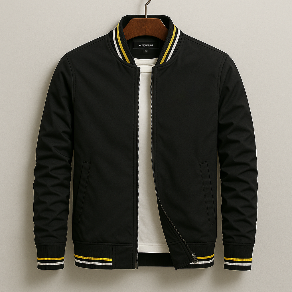 Unisex bomber jacket with contrast striped ribbed trims and front zip