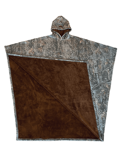 Oversized hooded poncho with plush-looking lining and wide sleeves