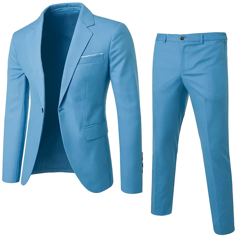 Men's two-piece suit with notched-lapel jacket and slim trousers