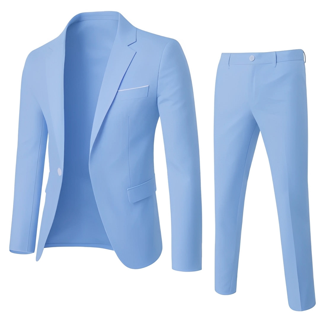 Men's two-piece suit set with notched lapel jacket and matching slim trousers