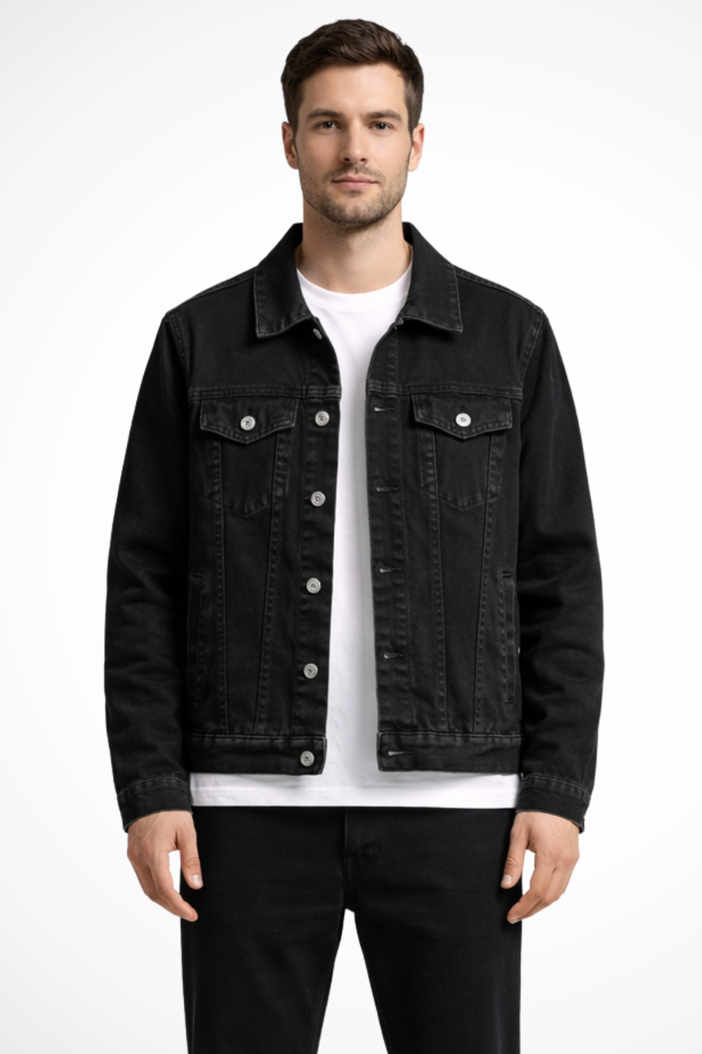 Men's black button-front denim jacket with chest flap pockets