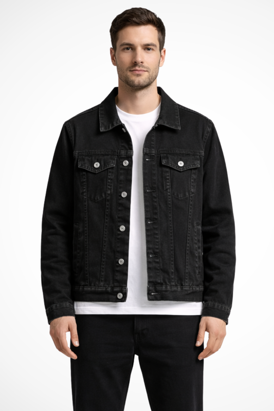 Men's black button-front denim jacket with chest flap pockets