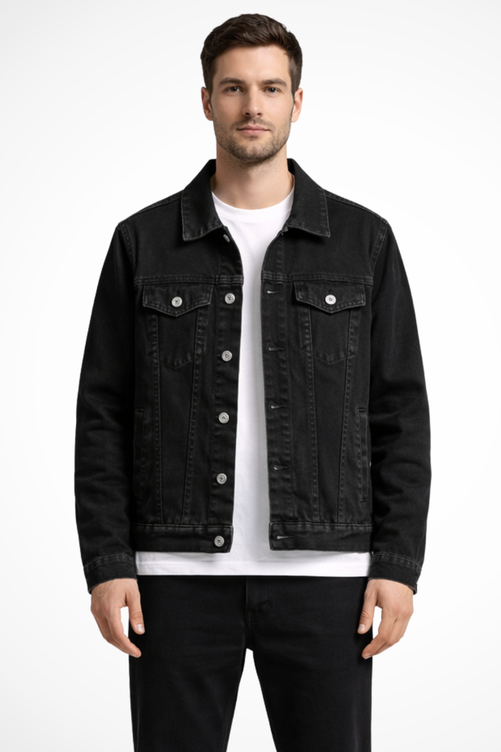 Men's black button-front denim jacket with chest flap pockets