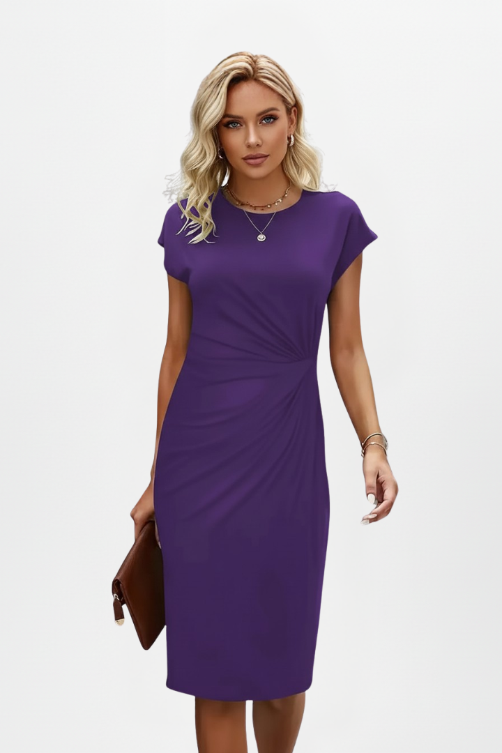Women's Knee-Length Dress with Round Neck & Ruched Waist – Elegant Day Dress 10