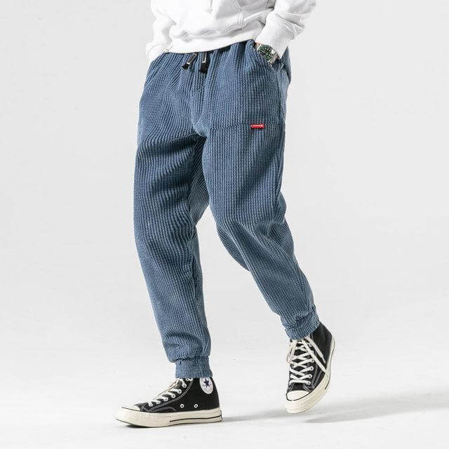Men's textured corduroy jogger trousers with elasticated ankle cuffs