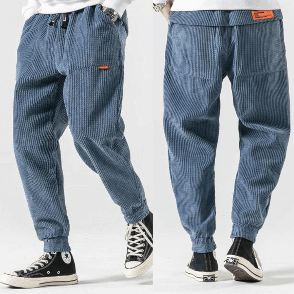 Men's textured corduroy jogger trousers with elasticated ankle cuffs