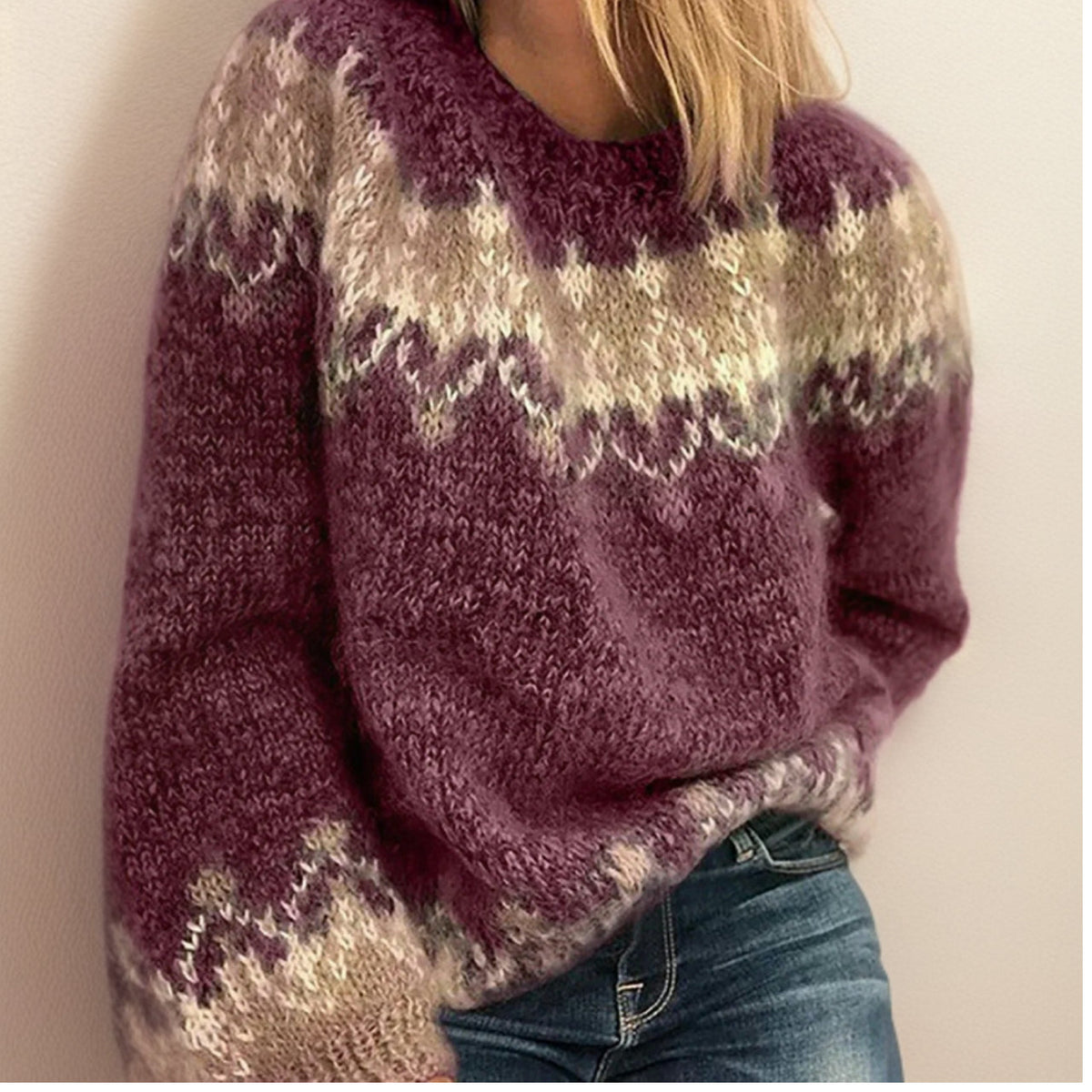 Women's Fair Isle knit sweater with geometric patterned yoke and long sleeves