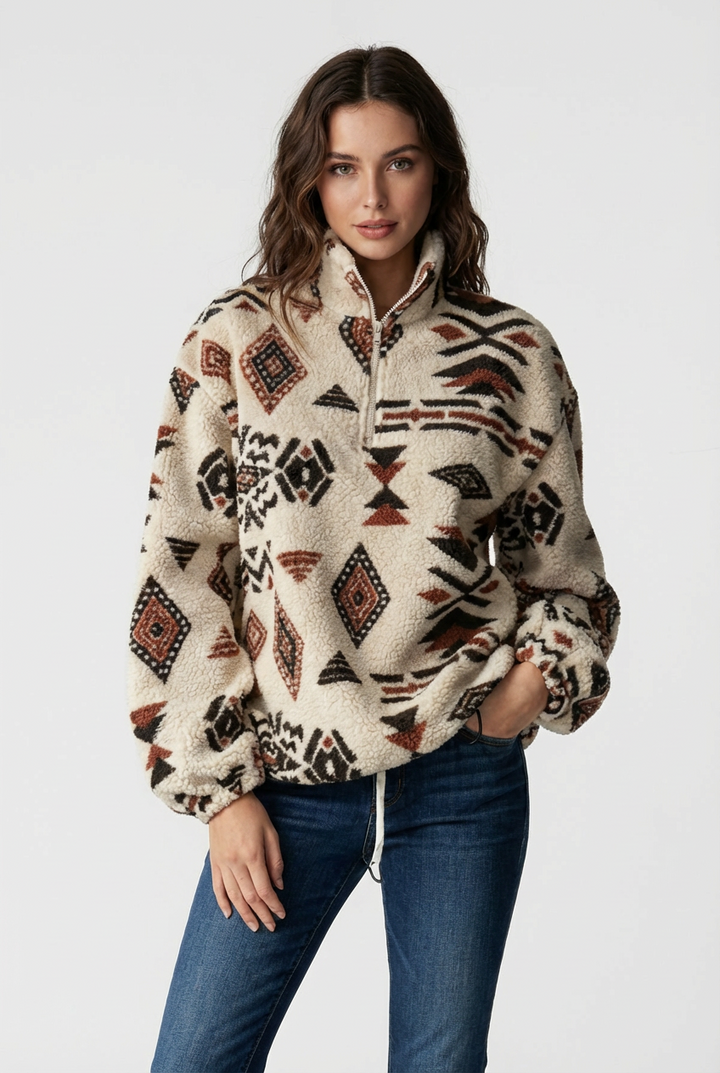 Women's cream fleece sweatshirt with multicolor geometric print, high neck and half-zip front