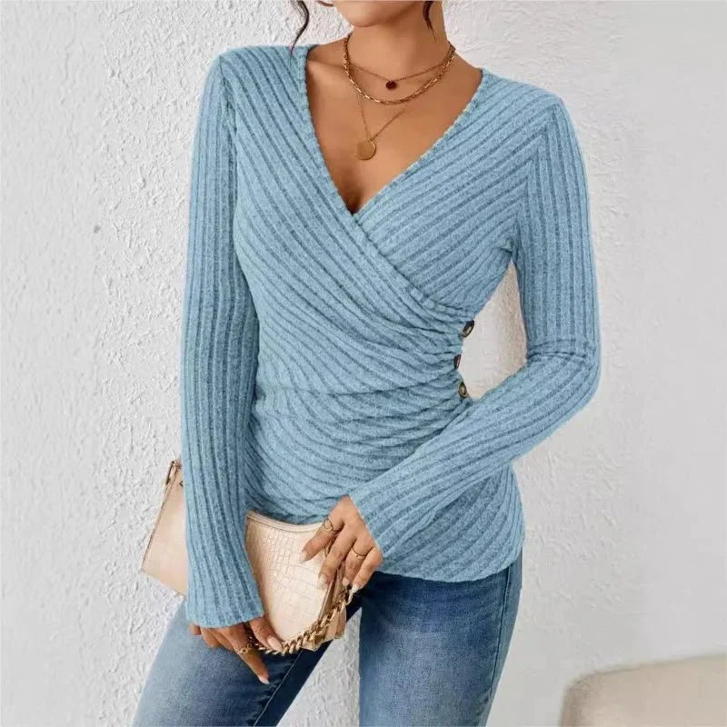 Women's ribbed wrap top with V-neckline and long sleeves