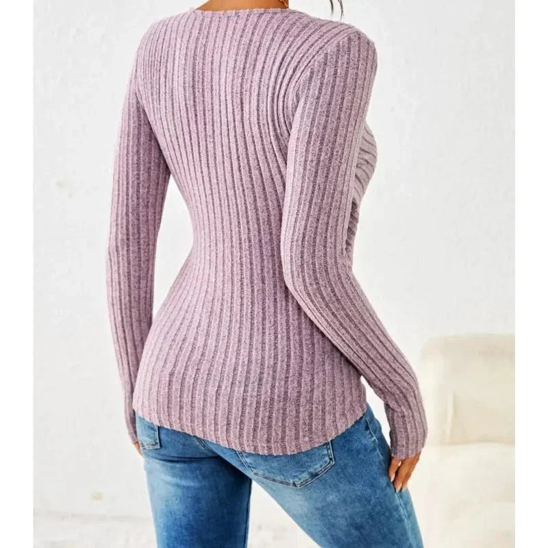 Women's ribbed wrap top with V-neckline and long sleeves