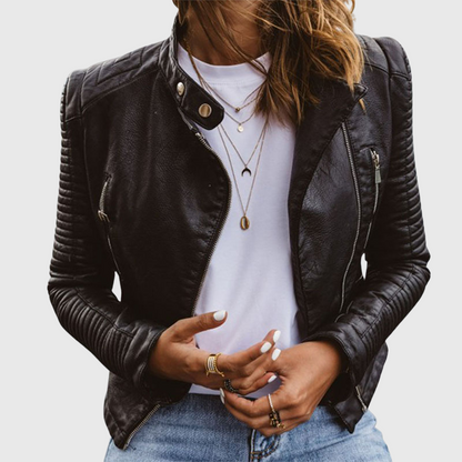 Women's black quilted biker jacket with zip front and long sleeves
