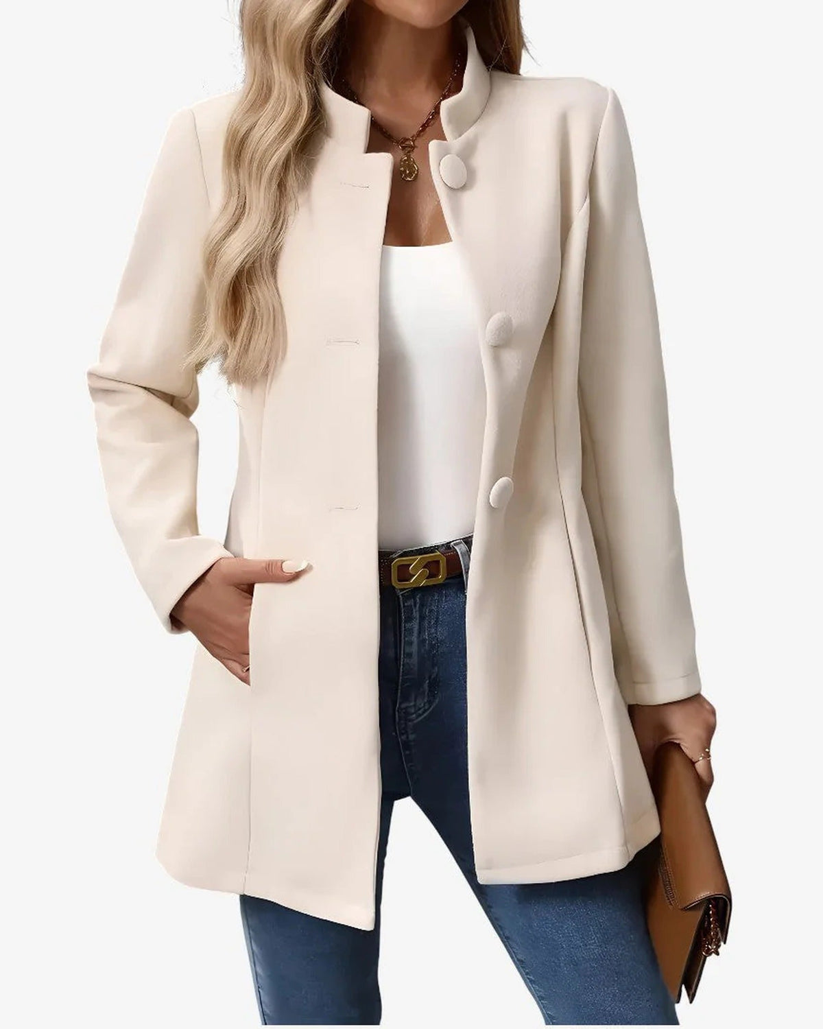 Women's long-sleeve button front coat with standing collar and side pockets