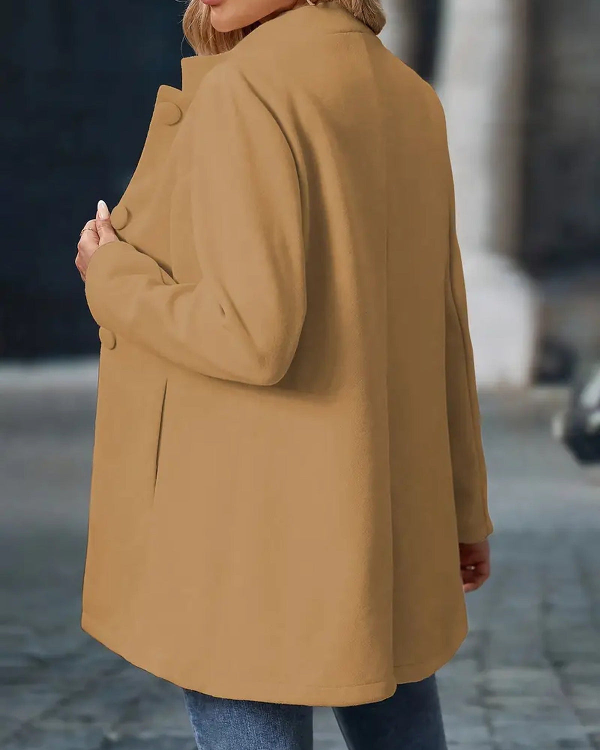 Women's long-sleeve button front coat with standing collar and side pockets