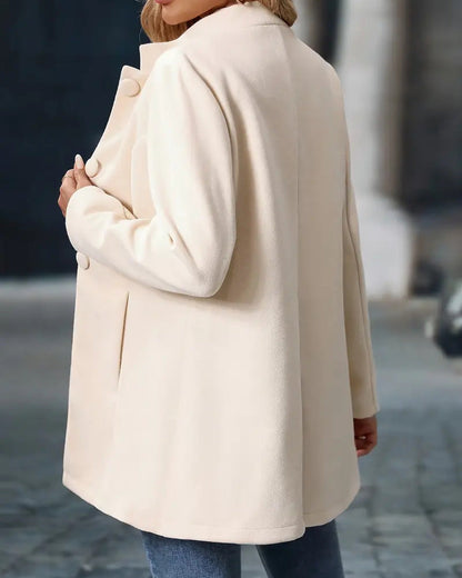 Women's long-sleeve button front coat with standing collar and side pockets
