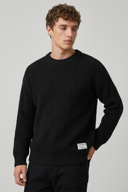 Men's crew neck waffle knit pullover sweater with long sleeves and ribbed trims