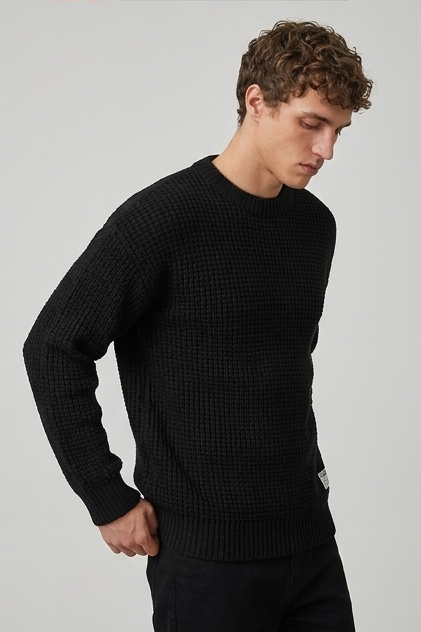 Men's crew neck waffle knit pullover sweater with long sleeves and ribbed trims