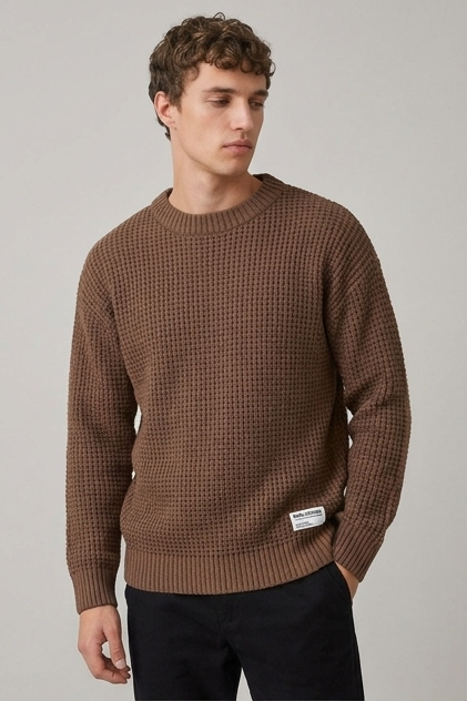 Men's crew neck waffle knit pullover sweater with long sleeves and ribbed trims