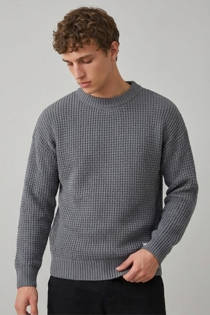 Men's crew neck waffle knit pullover sweater with long sleeves and ribbed trims