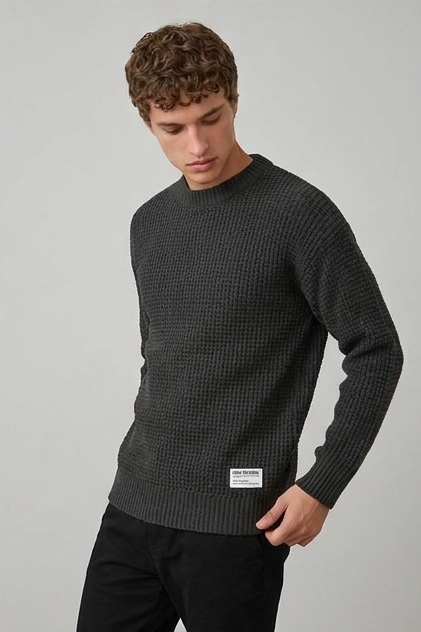 Men's crew neck waffle knit pullover sweater with long sleeves and ribbed trims