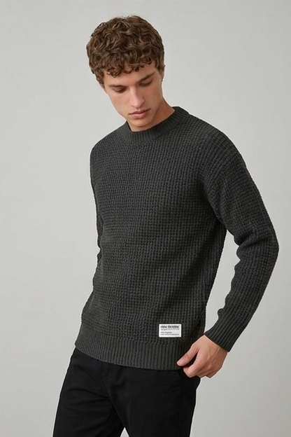 Men's crew neck waffle knit pullover sweater with long sleeves and ribbed trims