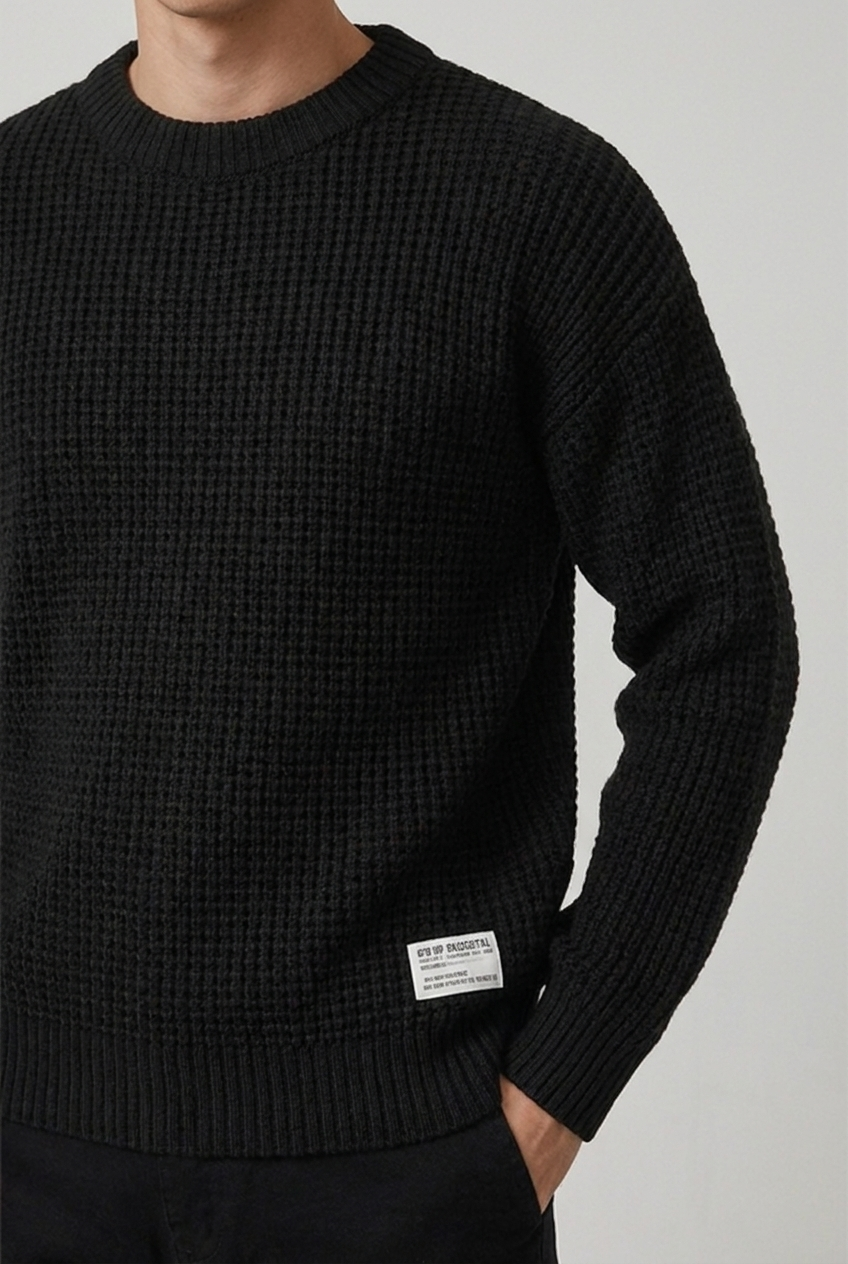 Men's crew neck waffle knit pullover sweater with long sleeves and ribbed trims
