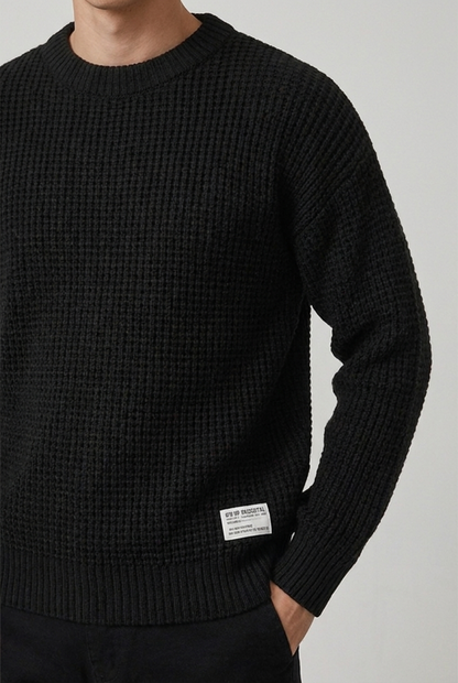 Men's crew neck waffle knit pullover sweater with long sleeves and ribbed trims