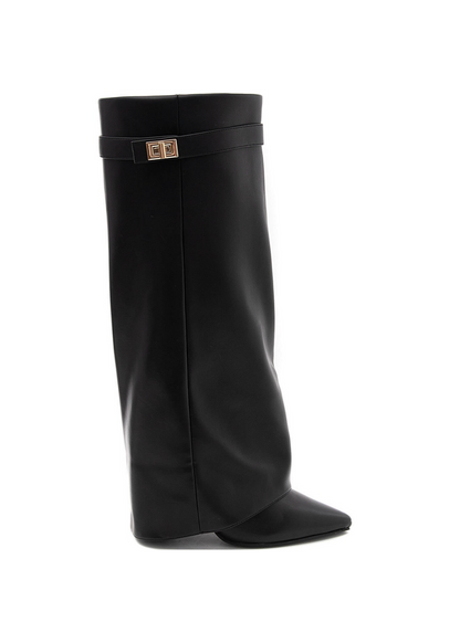 Black knee-high pointed-toe boots with high heels and buckle detail