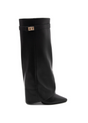 Black knee-high pointed-toe boots with high heels and buckle detail