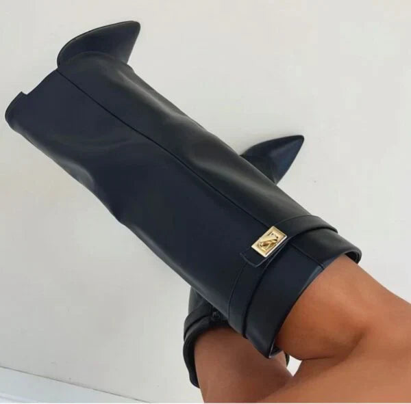 Women's knee-high pointed toe boots with high heel and buckle detail