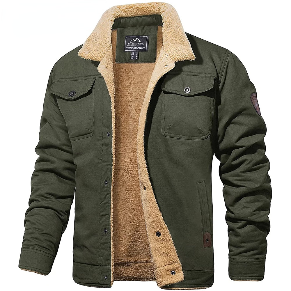 Men's sherpa-collar jacket with long sleeves, button front and multiple pockets