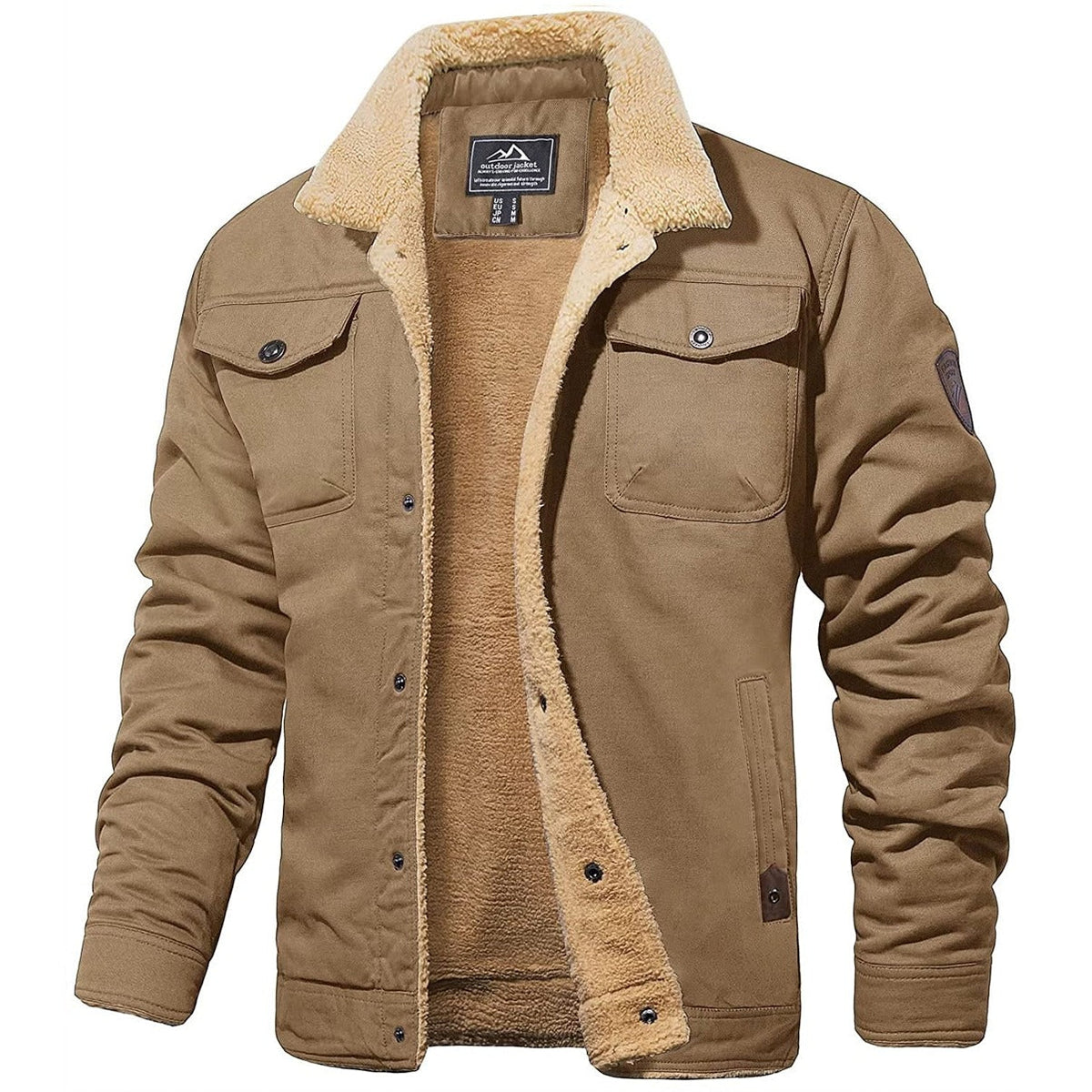 Men's sherpa-collar jacket with long sleeves, button front and multiple pockets