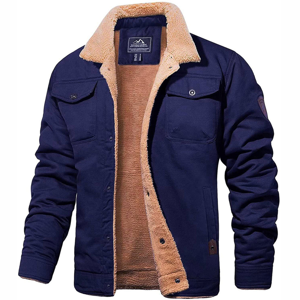 Men's sherpa-collar jacket with long sleeves, button front and multiple pockets