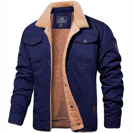 Men's sherpa-collar jacket with long sleeves, button front and multiple pockets