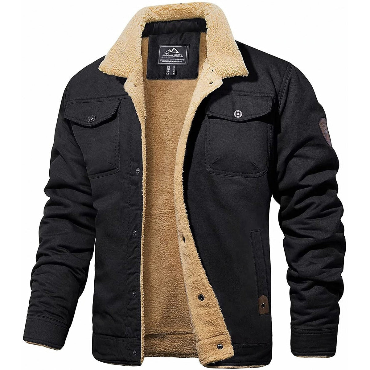 Men's sherpa-collar jacket with long sleeves, button front and multiple pockets