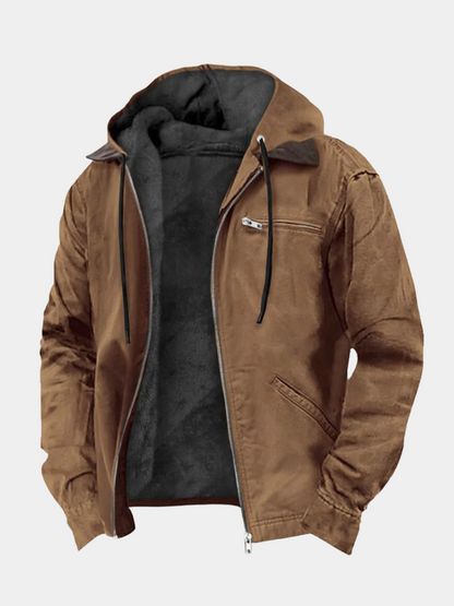 Men's hooded winter jacket with front zipper and multiple pockets